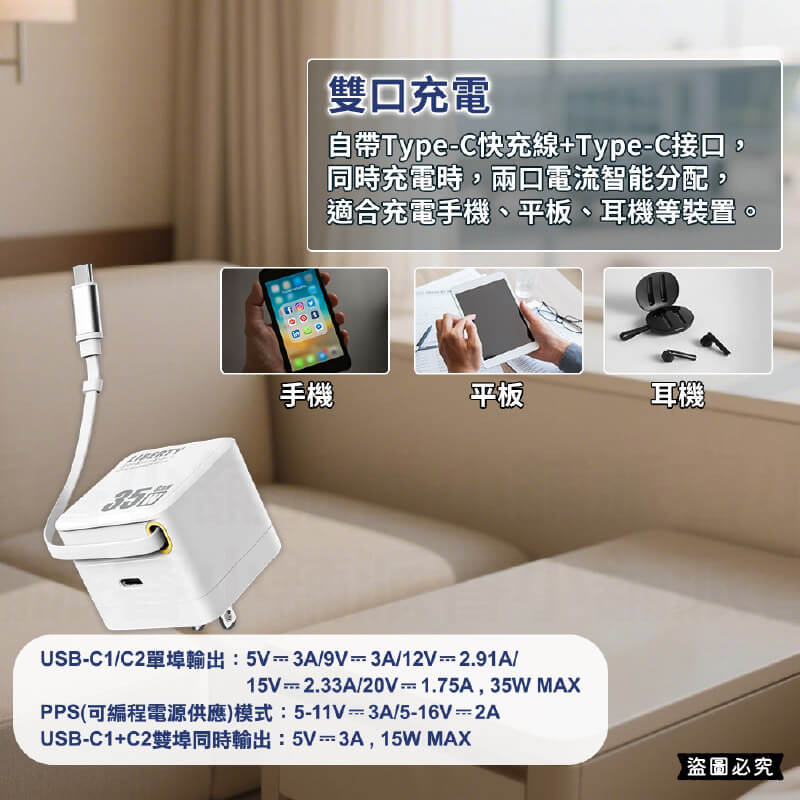 【利百代 氮化鎵35W自帶線充電器】可收納插頭 USB充電器 TYPE-C 快充 35W 充電器