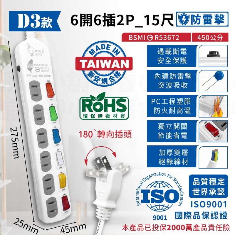 台灣製造【ISO國際品保認證2孔延長線】2P 延長線 平貼式 旋轉插頭 RoHS認證 ISO認證 新安規