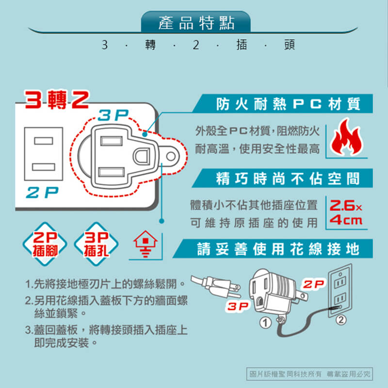 【聖岡3轉2插頭】3P插孔轉2P插頭 電源轉換器