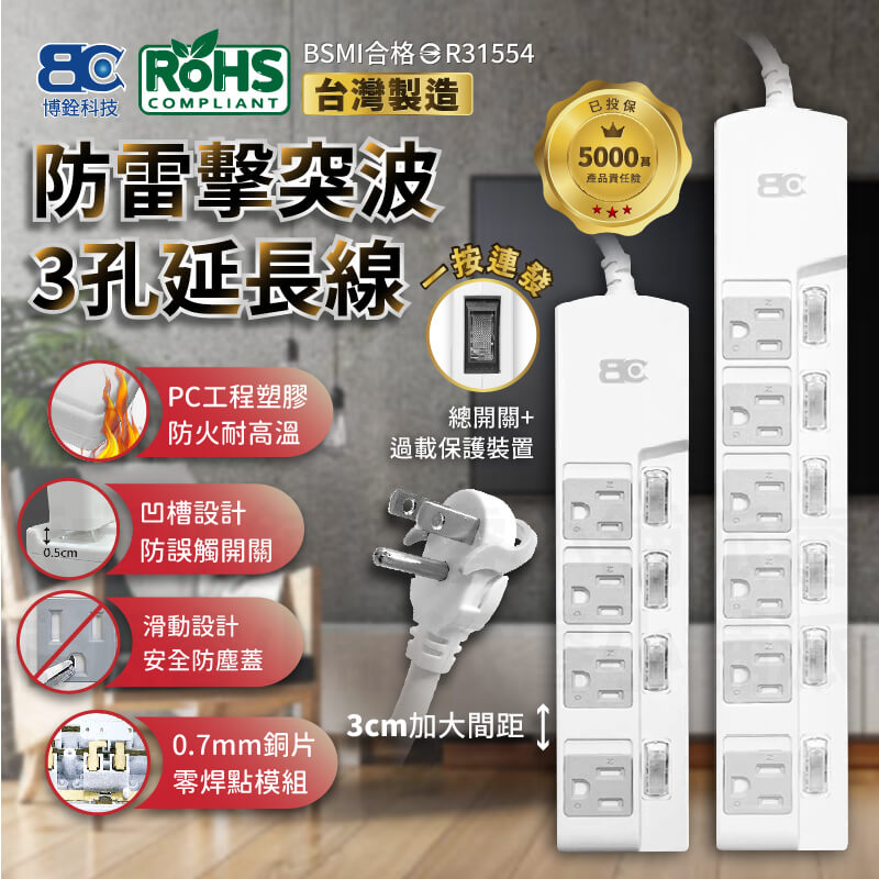 台灣製【防雷擊突波3孔延長線】滑動防塵蓋 加大間距 3P 過載斷電