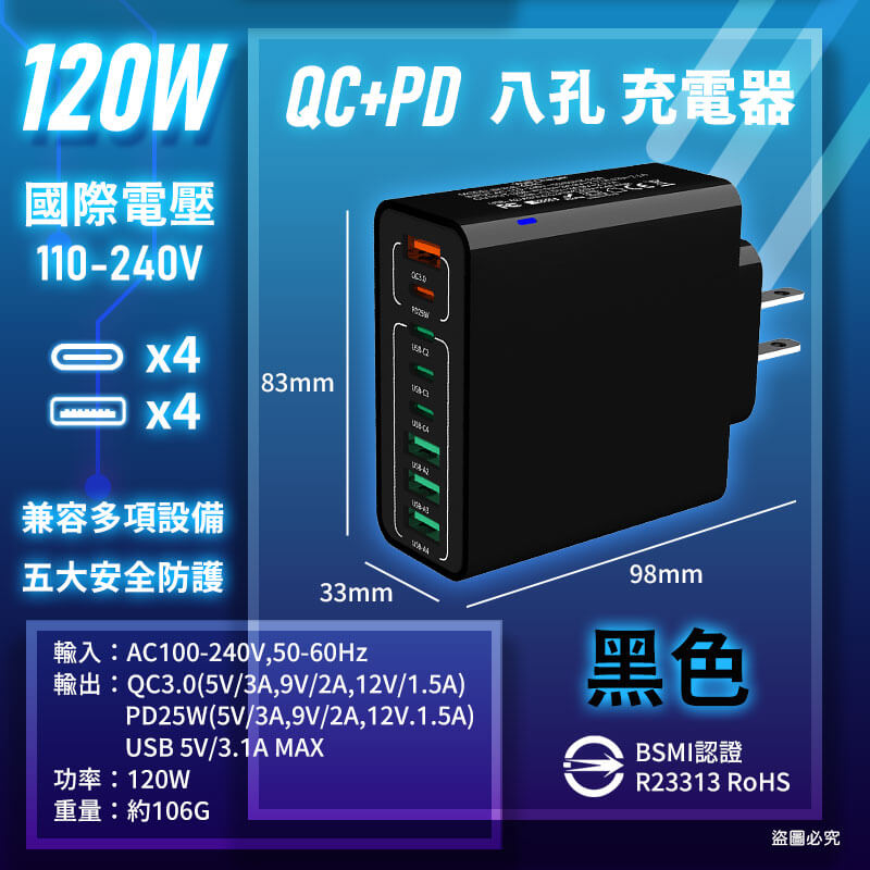 【120W PD+QC快速八孔充電器】多孔充電頭