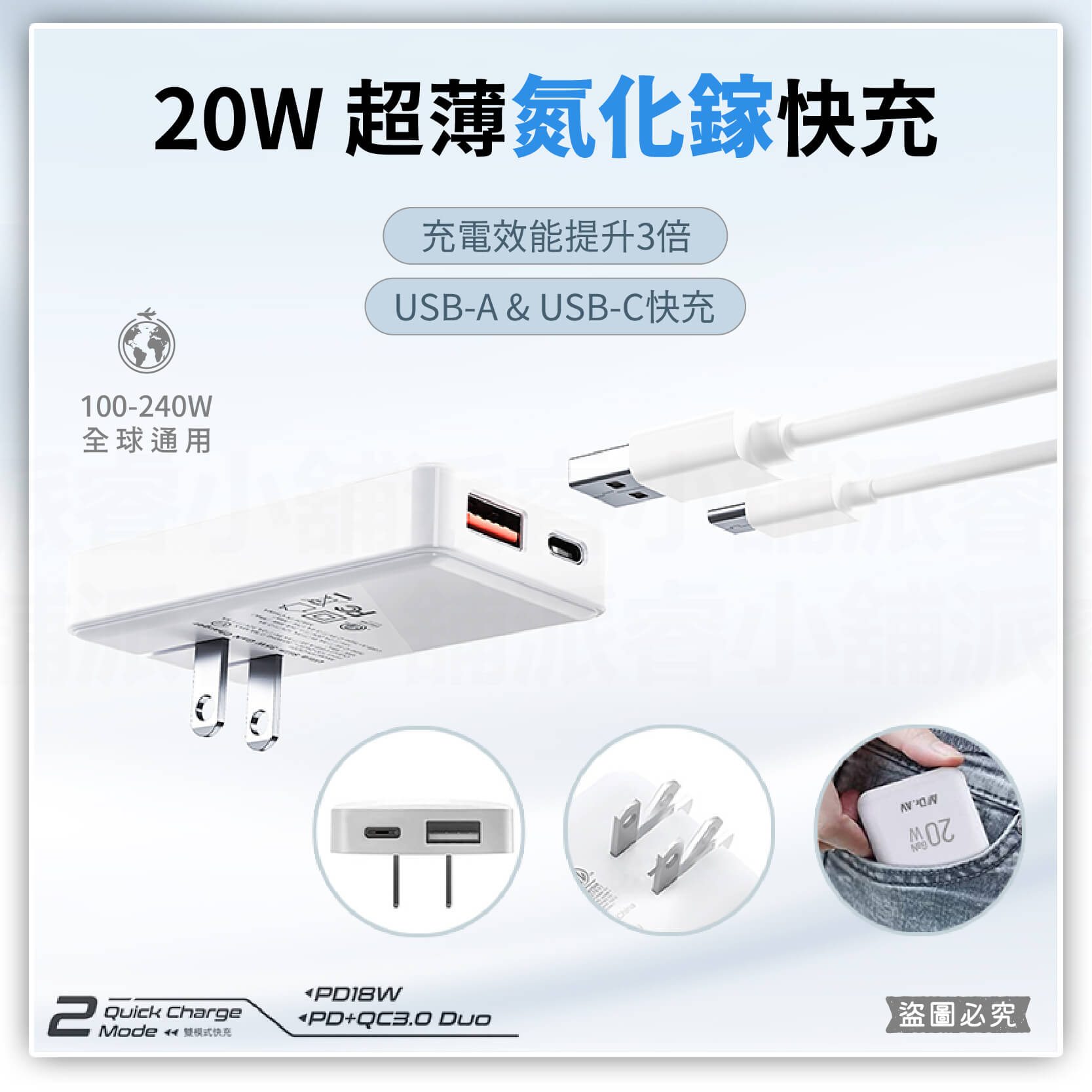 【GaN氮化鎵超薄充電器20W】國際電壓 名片型 隨身攜帶 豆腐頭 充電頭 快充【LD1143】