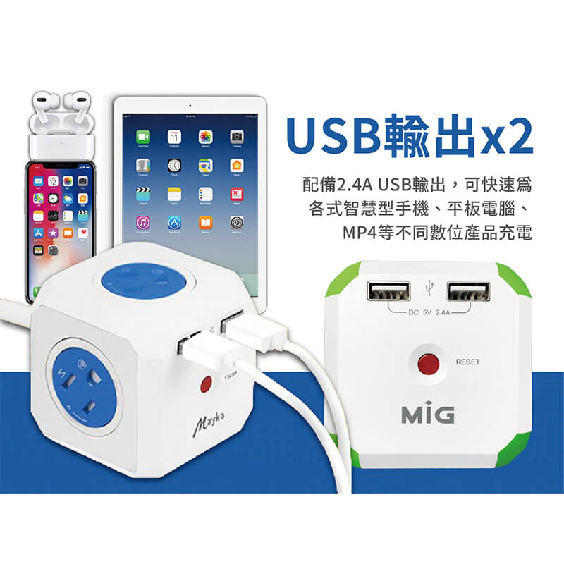 【MAYKA 魔方4插3孔2USB延長線】過載斷電延長線 專利旋轉保護蓋 3孔4插座 新安規 1650W