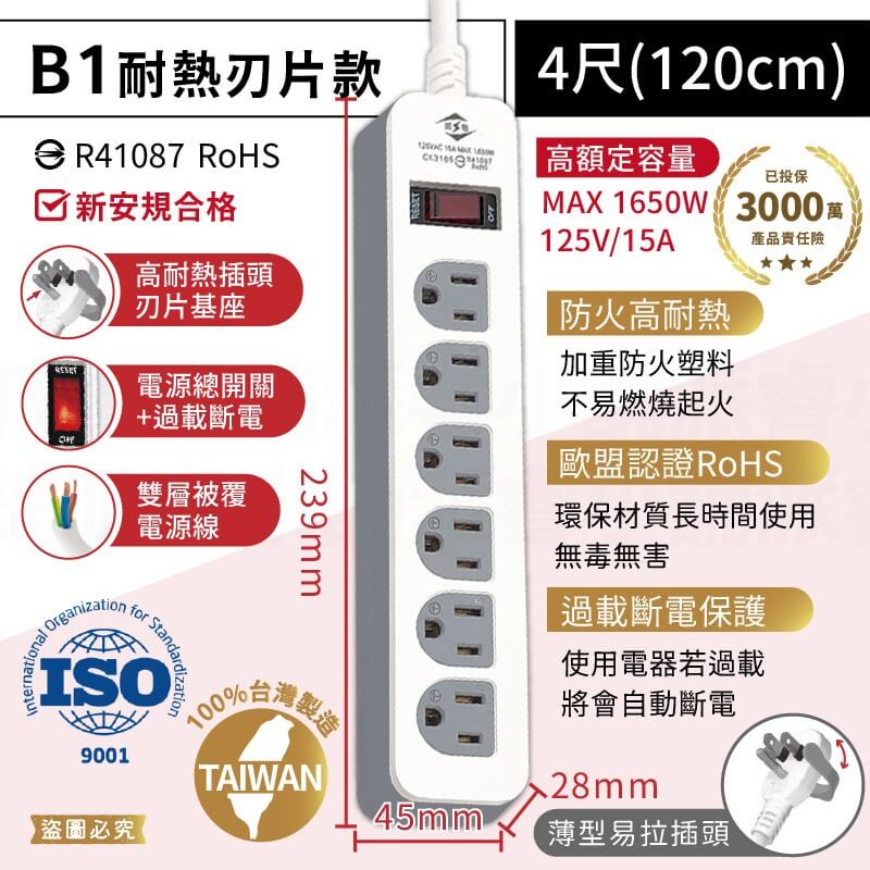 台灣製【威電牌 1開6插3孔延長線】4尺 6尺 9尺 15尺 延長線 防雷擊 突波吸收 耐熱刃片 電源線