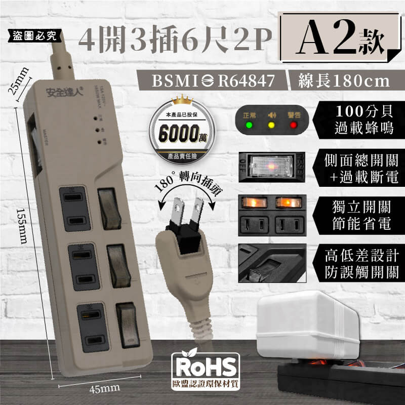【BiBi聲AI過載警報延長線】1.8M 總開關 獨立開關 過載蜂鳴 100分貝警鈴 延長線 3P 2P