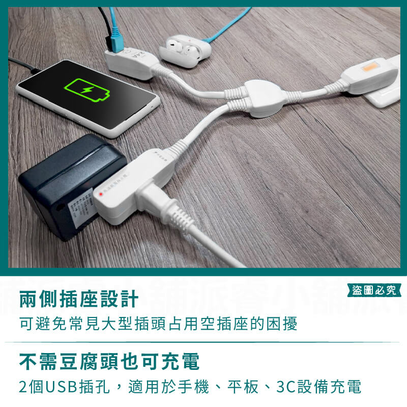 【2.4A雙孔USB1開2插分接線】防雷突波 PTP過熱斷電 分接器 延長線 中繼線 分接線 USB充電