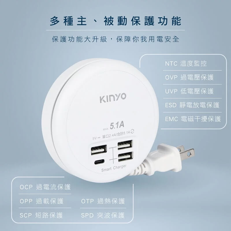【KINYO 4USB收納式智慧快充分接器】USB充電 延長線 轉盤充電器 分線器 快充【LD790】