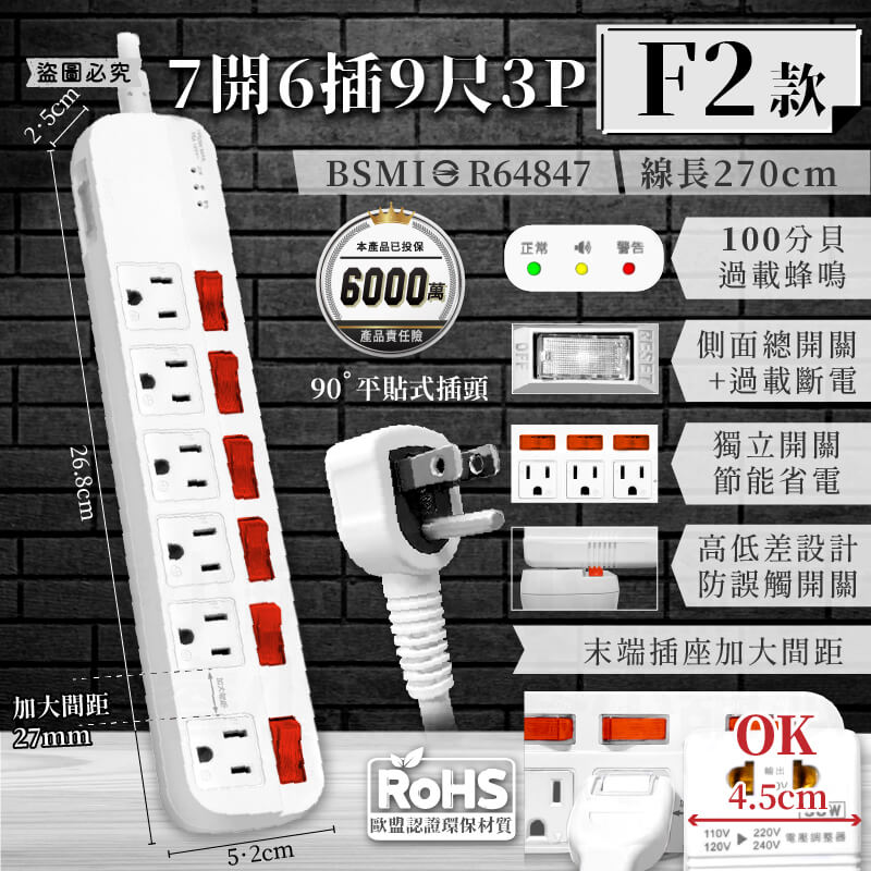 【BiBi聲AI過載警報延長線】1.8M 2.7M 總開關 獨立開關 過載蜂鳴 100分貝警鈴 延長線