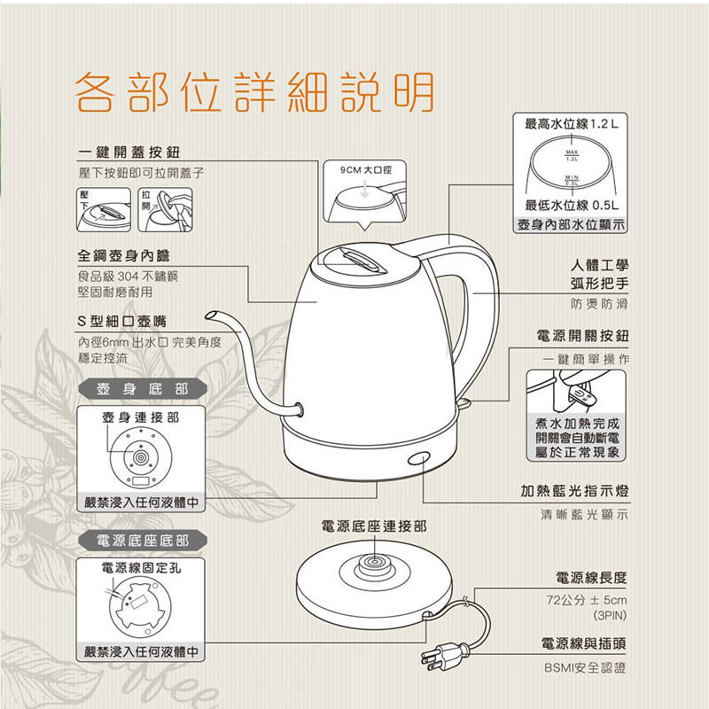【聖岡科技 1.2L日式細口快煮壺】電熱水壺 電茶壺 咖啡細口壺 壺身304不鏽鋼 SK-B5【LD558】