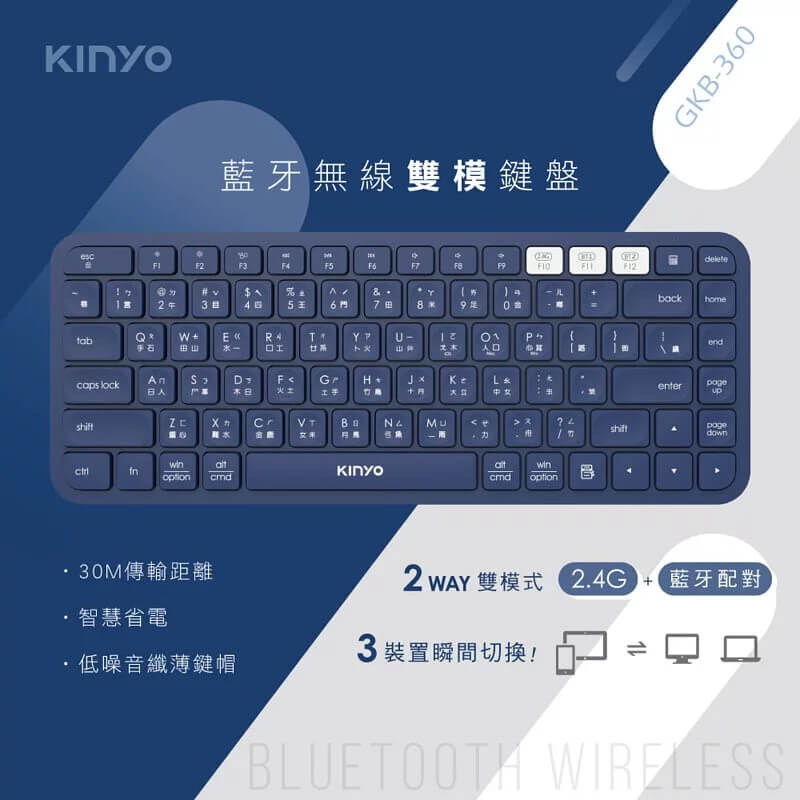 【KINYO 藍芽無線雙模鍵盤】同時配對3台裝置 低噪音鍵帽 小巧不占空間 藍芽鍵盤 無線鍵盤 底部防滑