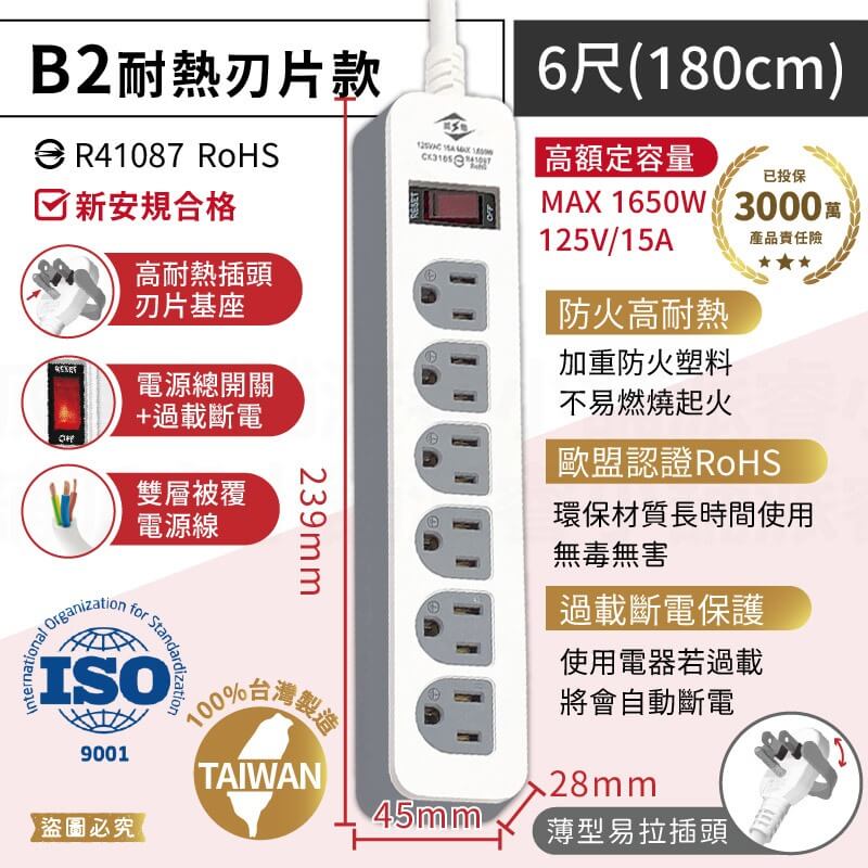 台灣製【威電牌 1開6插3孔延長線】4尺 6尺 9尺 15尺 延長線 防雷擊 突波吸收 耐熱刃片 電源線