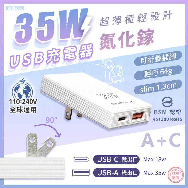 【聖岡科技 35W氮化鎵超薄A+CUSB充電器】充電器 超薄型 氮化鎵