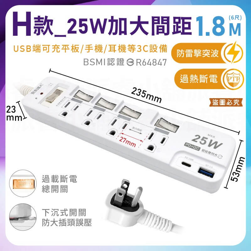 【3開4插2P+3P+USB七彩炫光6尺延長線】PTP高溫斷電 氮化鎵 65W PD QC快充 延長線
