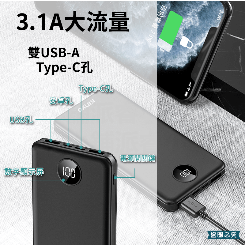 【KINYO PD/QC全兼容快充行動電源】充電器 Type-C 30W 快充 液晶顯示
