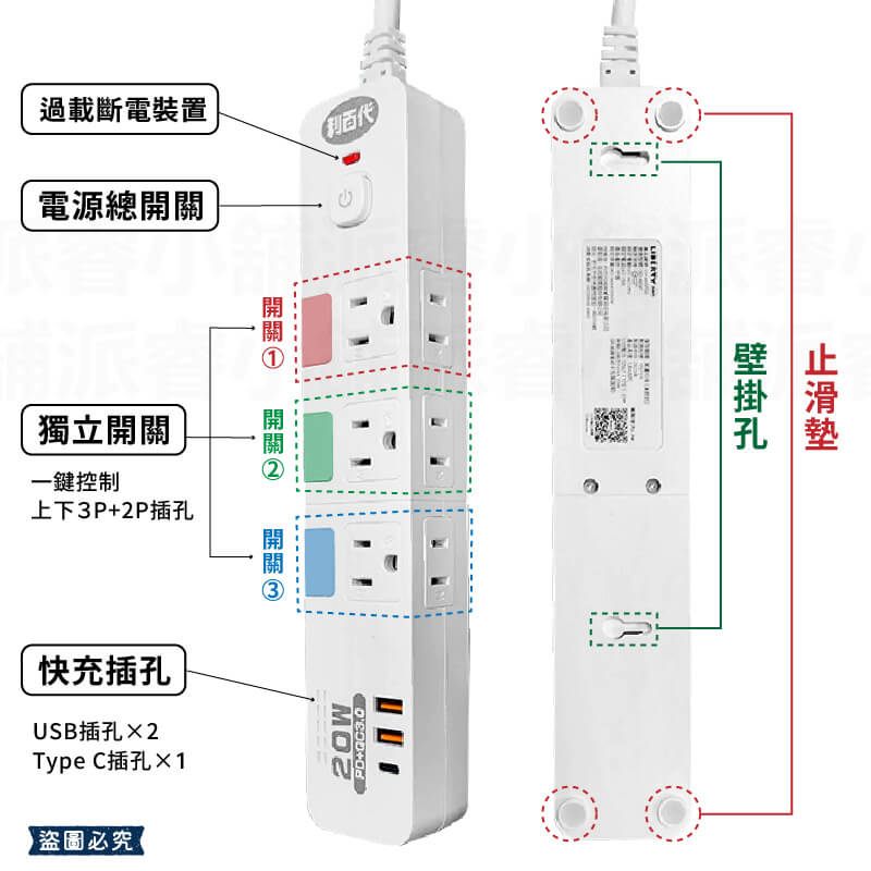 ????新式按壓開關【利百代 4開6插20W快充延長線】斜角插頭 不打架 PD QC 20W快充 3P 2P【LD1060】