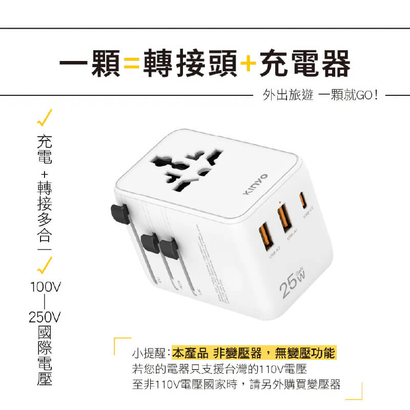 【KINYO 快充25W萬國轉接頭】旅遊插頭 萬用充電器 出國旅遊 轉接插頭 USB 澳規 英規 歐規