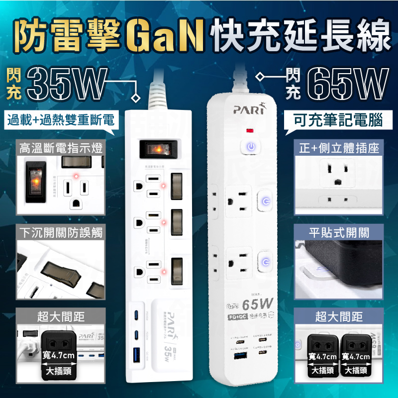 【PARI 氮化鎵快充延長線】65W 35W 防雷擊突波 PTP高溫斷電 超大間距 USB快充 延長線
