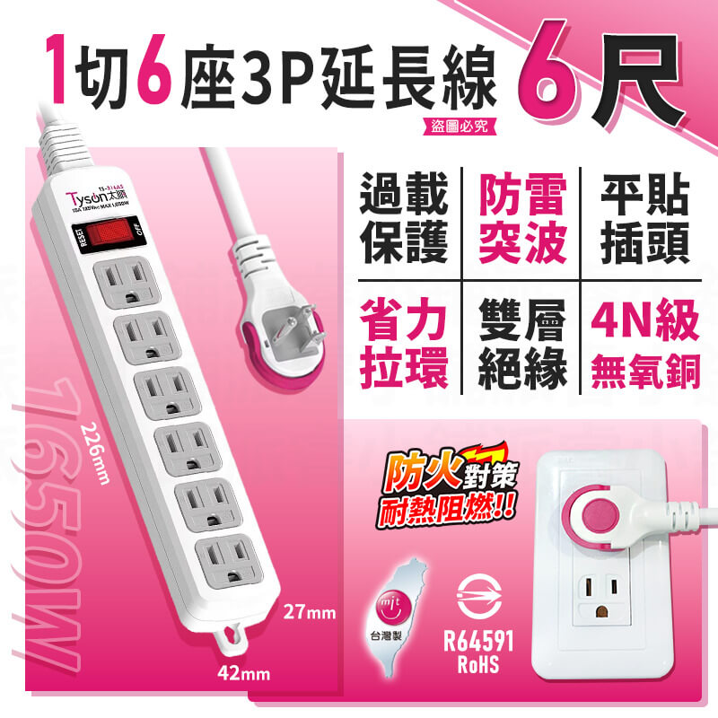 台灣製造【1切4座/6座3P安全延長線】過載斷電 防雷突波 平貼插座 耐熱 安全延長線