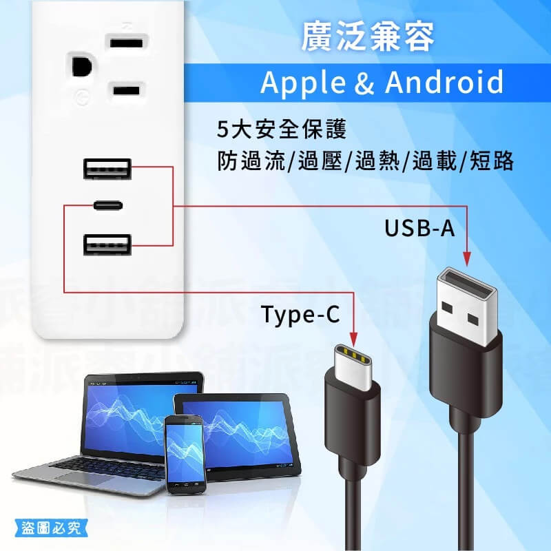 【按壓式1開3插+3USB快充延長線】新安規 一鍵總開關 節能省電