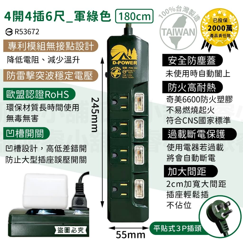 台灣製【軍事/露營風格獨立帶燈開關延長線】軍工風 電源線 過載斷電 突波吸收 防雷擊 防塵蓋 防誤觸開關