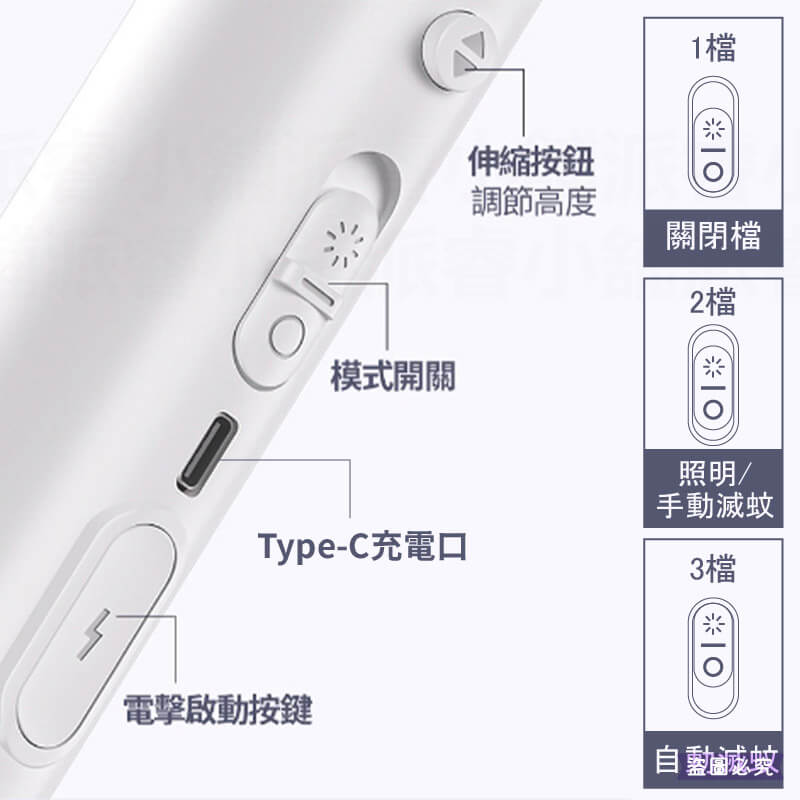 【利百代 2合1伸縮摺疊充電捕蚊拍】長達93公分 90度摺疊 捕蚊拍 捕蚊燈 可手持站立 USB充電