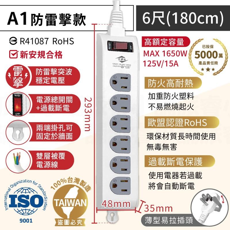 台灣製【威電牌 1開6插3孔延長線】4尺 6尺 9尺 15尺 延長線 防雷擊 突波吸收 耐熱刃片 電源線