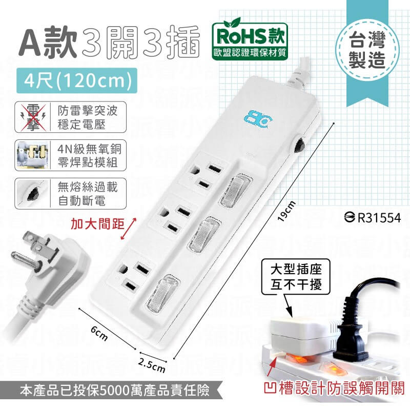 台灣製【新安規 過載斷電獨立開關安全延長線】延長線 加大插孔間距 防雷擊防突波 獨立開關4尺 5尺 8尺