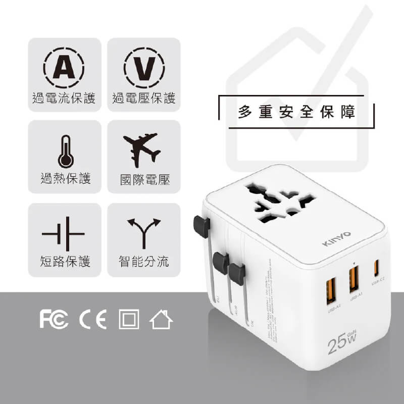 【KINYO 快充25W萬國轉接頭】旅遊插頭 萬用充電器 出國旅遊 轉接插頭 USB 澳規 英規 歐規