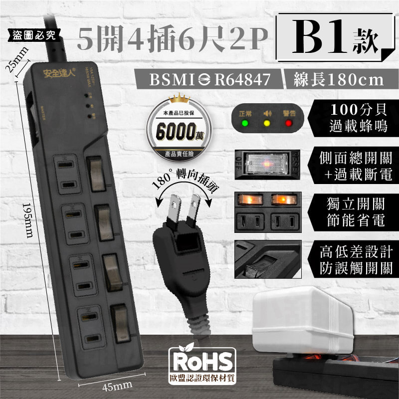 【BiBi聲AI過載警報延長線】1.8M 總開關 獨立開關 過載蜂鳴 100分貝警鈴 延長線 3P 2P
