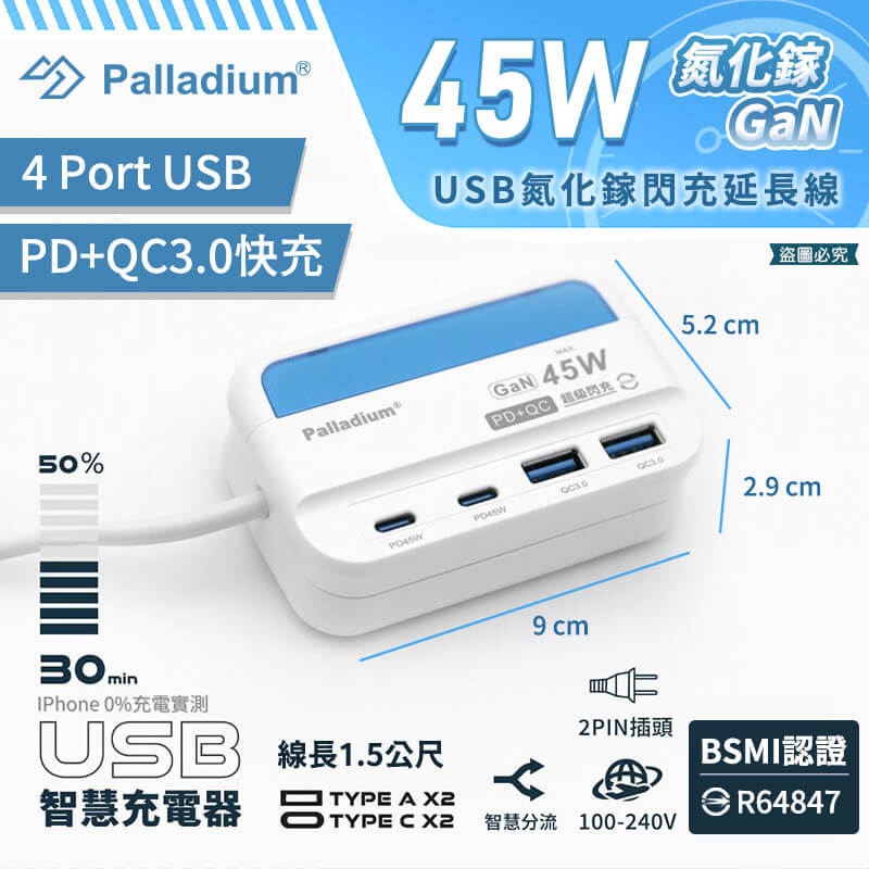 【65W USB氮化鎵閃充延長線 4孔】氮化鎵 新安規 Gan 快充延長 PD+QC 4port