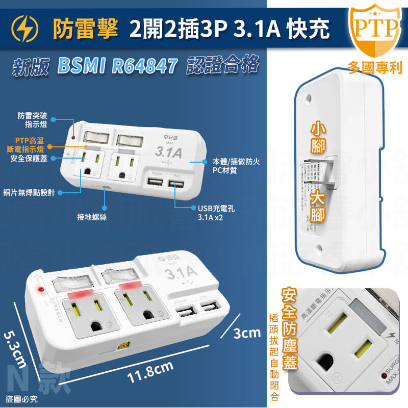 【安全達人 PTP多款分接器】高溫自動斷電 快充 兒童保護蓋 壁插 分接器