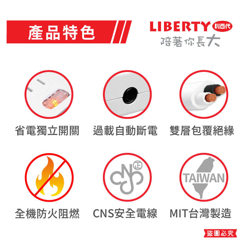 台灣製【利百代 省電獨立開關2P延長線】延長線 2P 獨立開關 平貼插頭 6尺 9尺