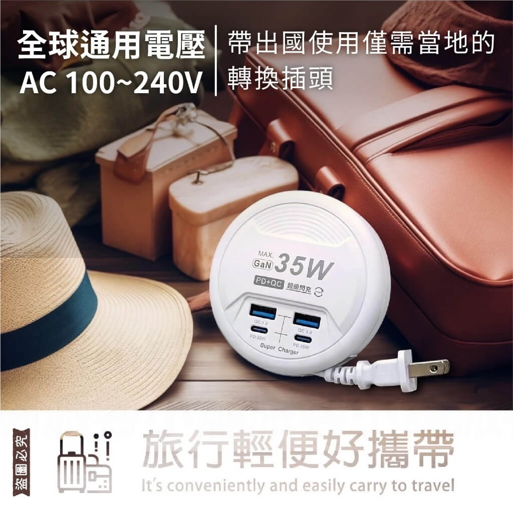 【GAN氮化鎵超級閃充35W充電器延長線】收納式 PD+QC USB快充 捲盤 延長線 國內外旅行必備