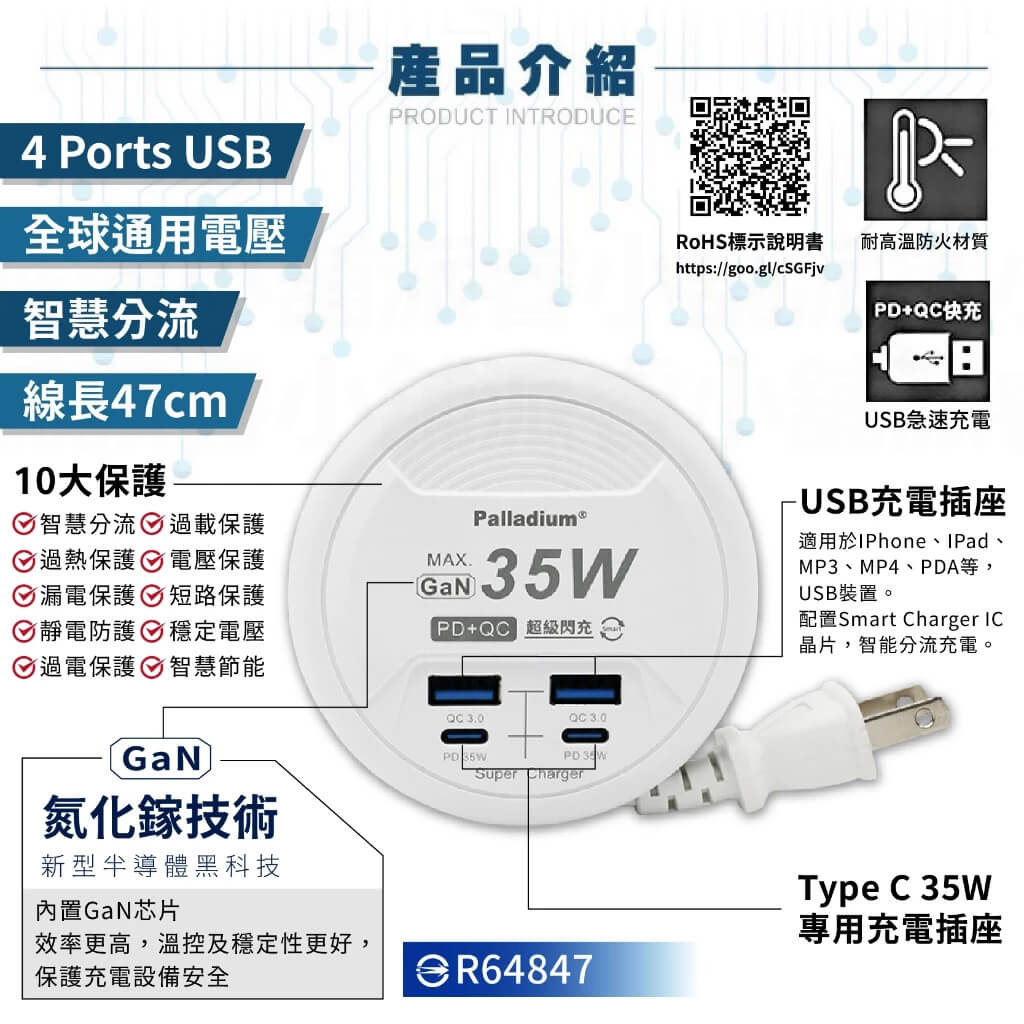 【GAN氮化鎵超級閃充35W充電器延長線】收納式 PD+QC USB快充 捲盤 延長線 國內外旅行必備