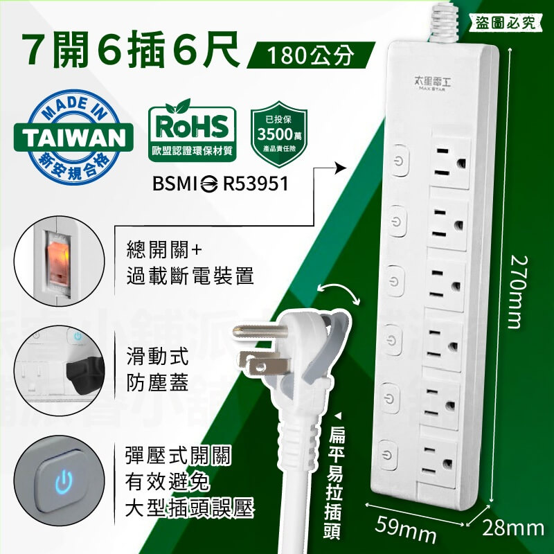 台灣製【太星電工 蓋安全滑動防塵蓋延長線】防塵蓋 延長線 3P 按壓式開關