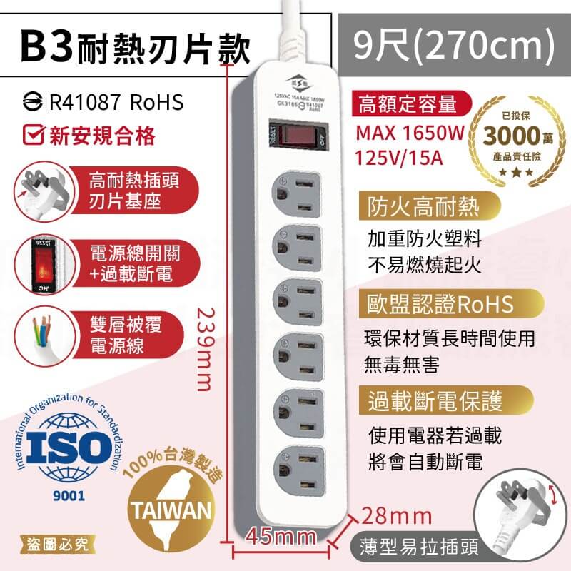 台灣製【威電牌 1開6插3孔延長線】4尺 6尺 9尺 15尺 延長線 防雷擊 突波吸收 耐熱刃片 電源線