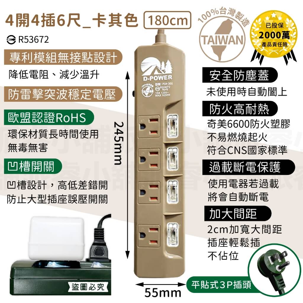 台灣製【軍事/露營風格獨立帶燈開關延長線】軍工風 電源線 過載斷電 突波吸收 防雷擊 防塵蓋 防誤觸開關