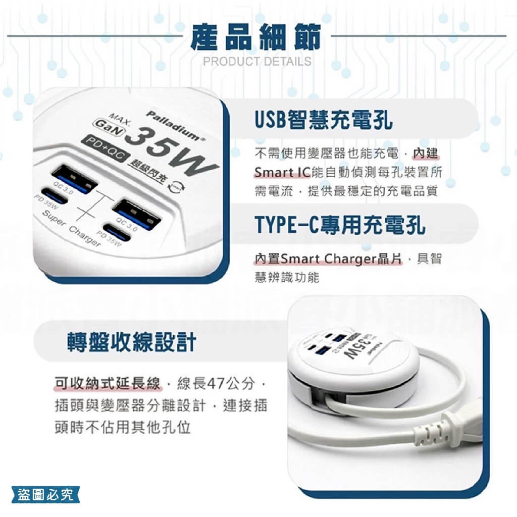 【GAN氮化鎵超級閃充35W充電器延長線】收納式 PD+QC USB快充 捲盤 延長線 國內外旅行必備