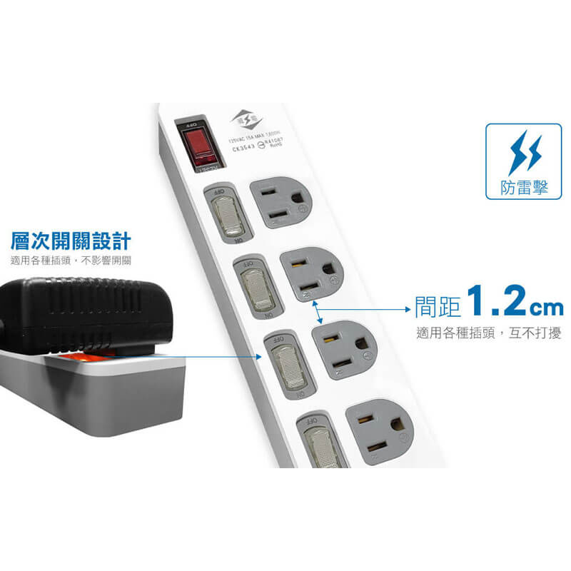 台灣製～防雷擊【威電 防雷擊多開關延長線】總開關 突波吸收 過載斷電 防火材質 延長線 微笑標章 3P