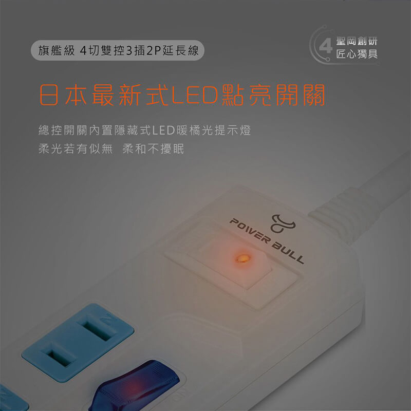 【聖岡科技 4開3插2孔雙控延長線】延長線 新安規 過載斷電 平貼式旋轉插頭