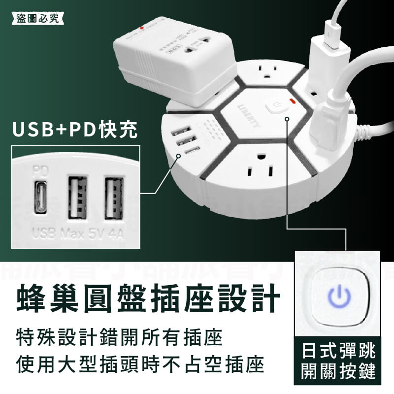 【利百代 蜂巢圓盤1開5插20W快充延長線1.8M】延長線 USB充電 PD 18W快充 總開關 3P