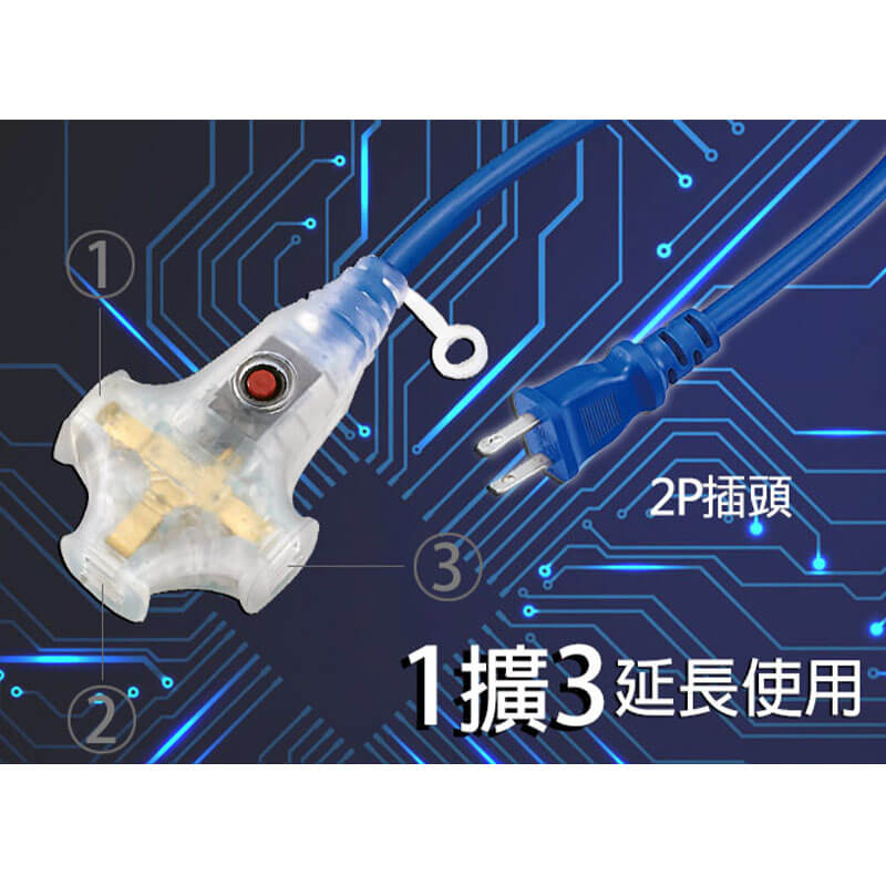 台灣製【太星電工2P 3插座附燈動力軟線】15A 防火 便利吊環 動力線 延長線 戶外延長線