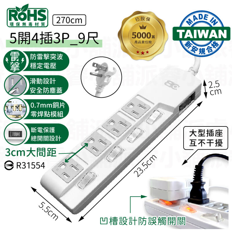 台灣製【防雷擊突波3孔延長線】滑動防塵蓋 加大間距 3P 過載斷電