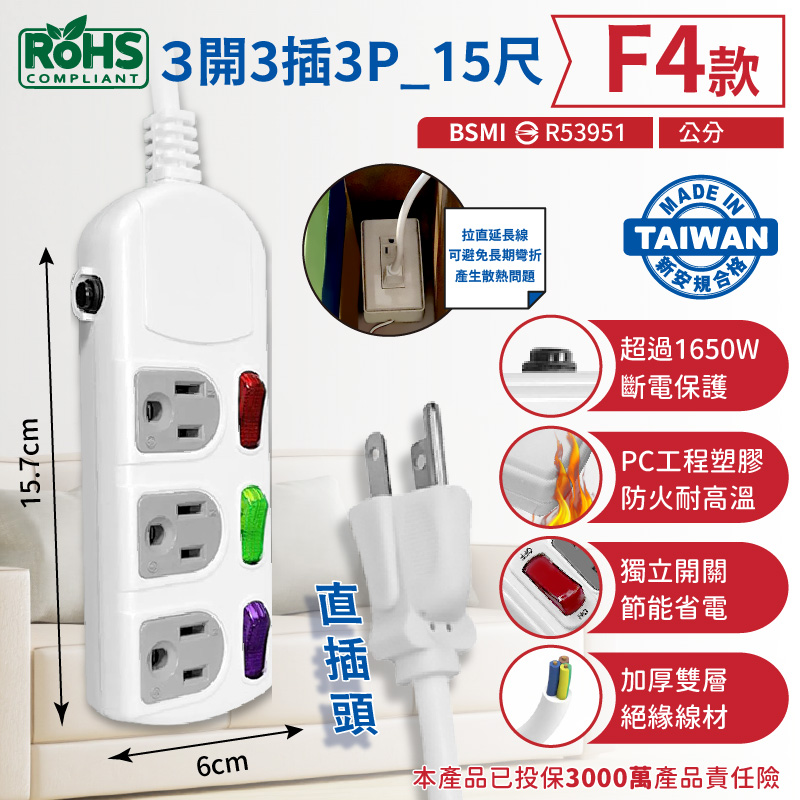 台灣製【過載斷電安全延長線3孔延長線】符合安規標準  安全延長線