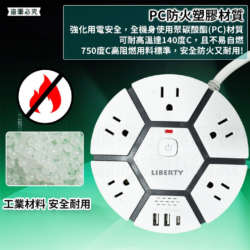 【利百代 蜂巢圓盤1開5插20W快充延長線1.8M】延長線 USB充電 PD 18W快充 總開關 3P