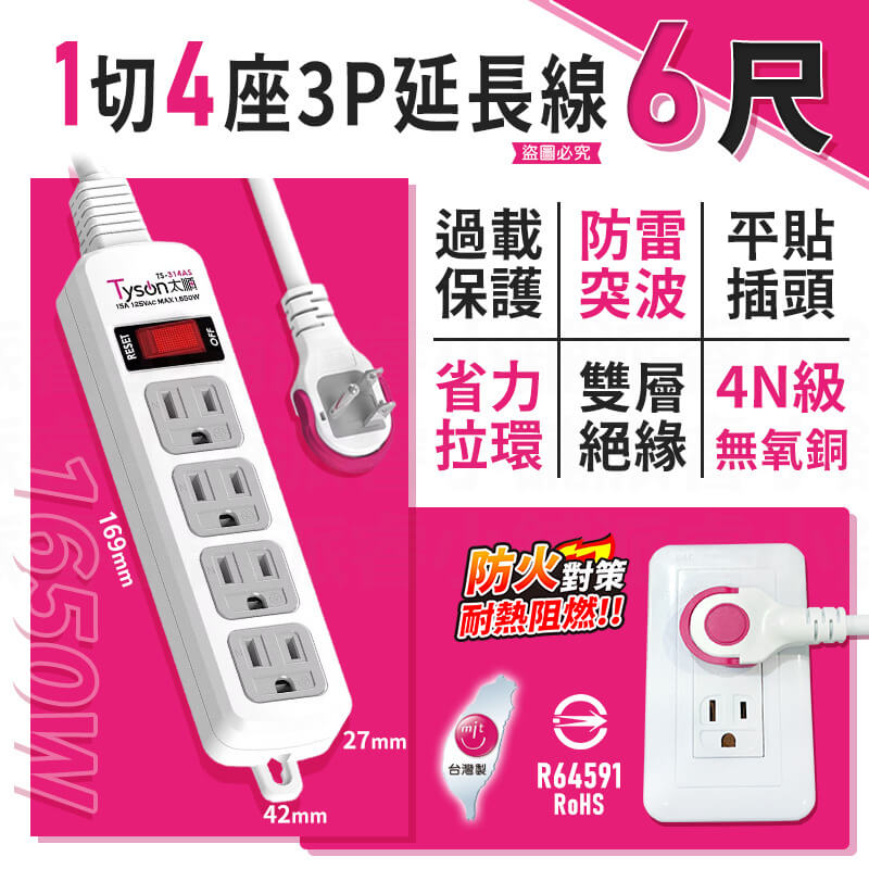 台灣製造【1切4座/6座3P安全延長線】過載斷電 防雷突波 平貼插座 耐熱 安全延長線
