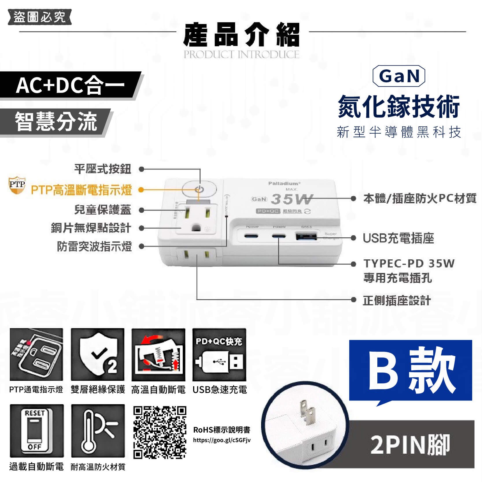 PTP高溫斷電【GAN氮化鎵35W快充USB分接器】iPhone適用 用電安全 壁插 Type-C 充電器【LD939】