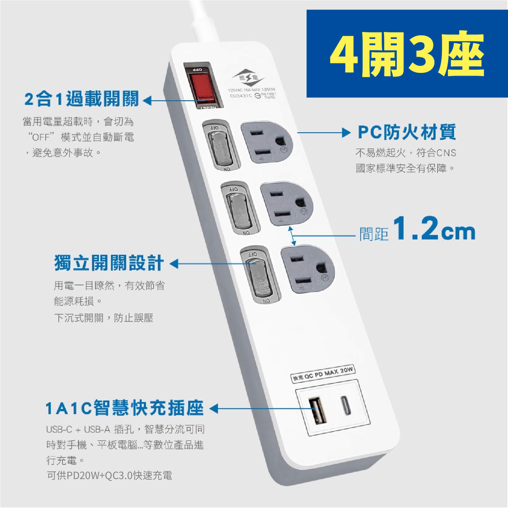 台灣製【威電 20W QC+PD智慧快充延長線組】USB Type-c 智慧快充線 QC PD 快速充電器【LD976】