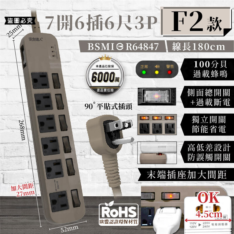 【BiBi聲AI過載警報延長線】1.8M 總開關 獨立開關 過載蜂鳴 100分貝警鈴 延長線 3P 2P