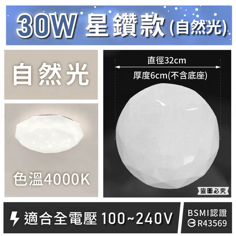 【富山 快拆式專利燈座LED星光吸頂燈】30W 16W 防塵防水 全電壓適用 鑽石造型 星星燈 吸頂燈